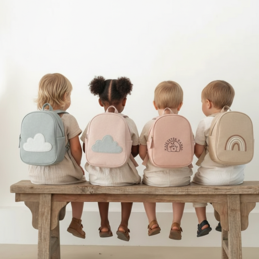 Keturi vaikai su pastelinėmis vaikiškomis kuprinėmis sėdi ant medinio suolelio