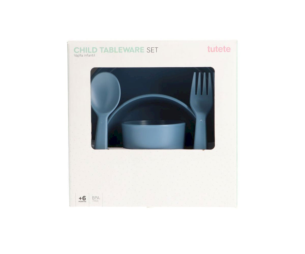 Stalo reikmenų rinkinys: lekšė, dubenėlis, puodelis, šakutė, peilis, šaukštas. Mėlynos spalvos