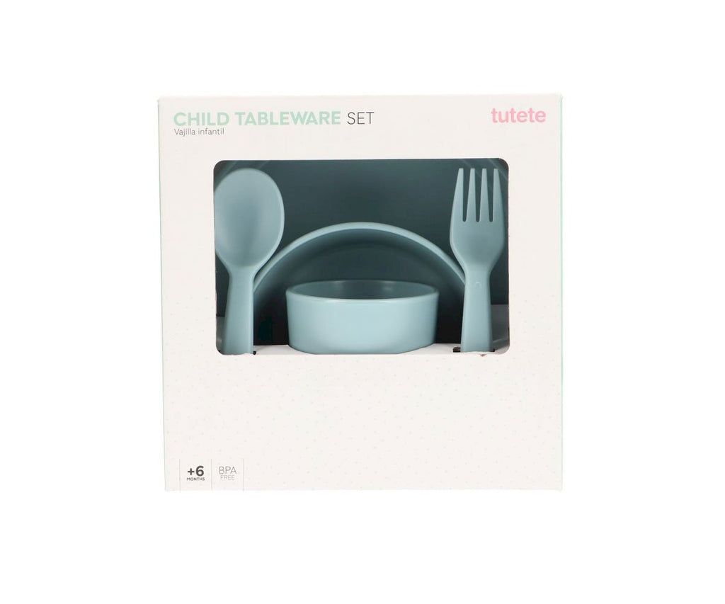 Stalo reikmenų rinkinys: lekšė, dubenėlis, puodelis, šakutė, peilis, šaukštas. Žydros spalvos