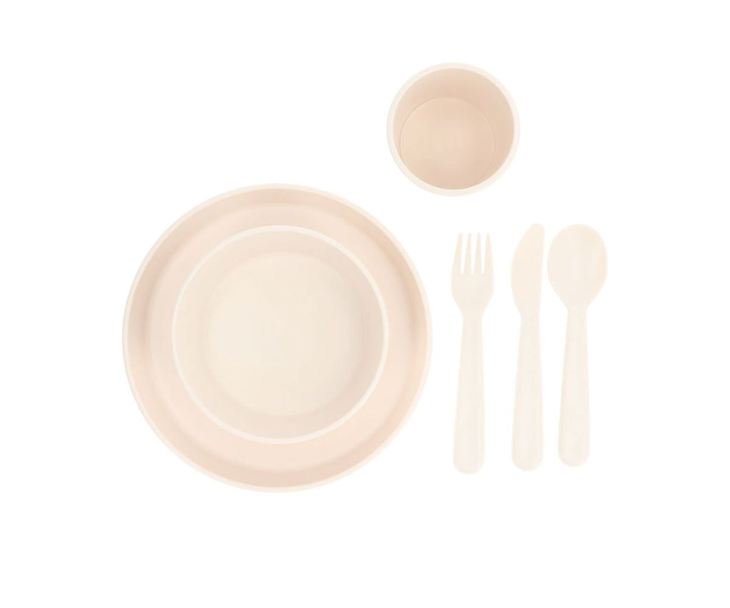 Stalo reikmenų rinkinys: lekšė, dubenėlis, puodelis, šakutė, peilis, šaukštas. Ivory spalvos
