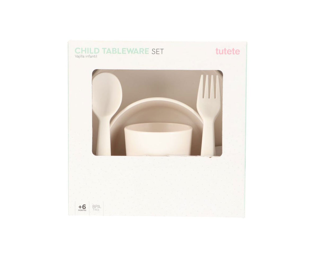 Stalo reikmenų rinkinys: lekšė, dubenėlis, puodelis, šakutė, peilis, šaukštas. Ivory spalvos