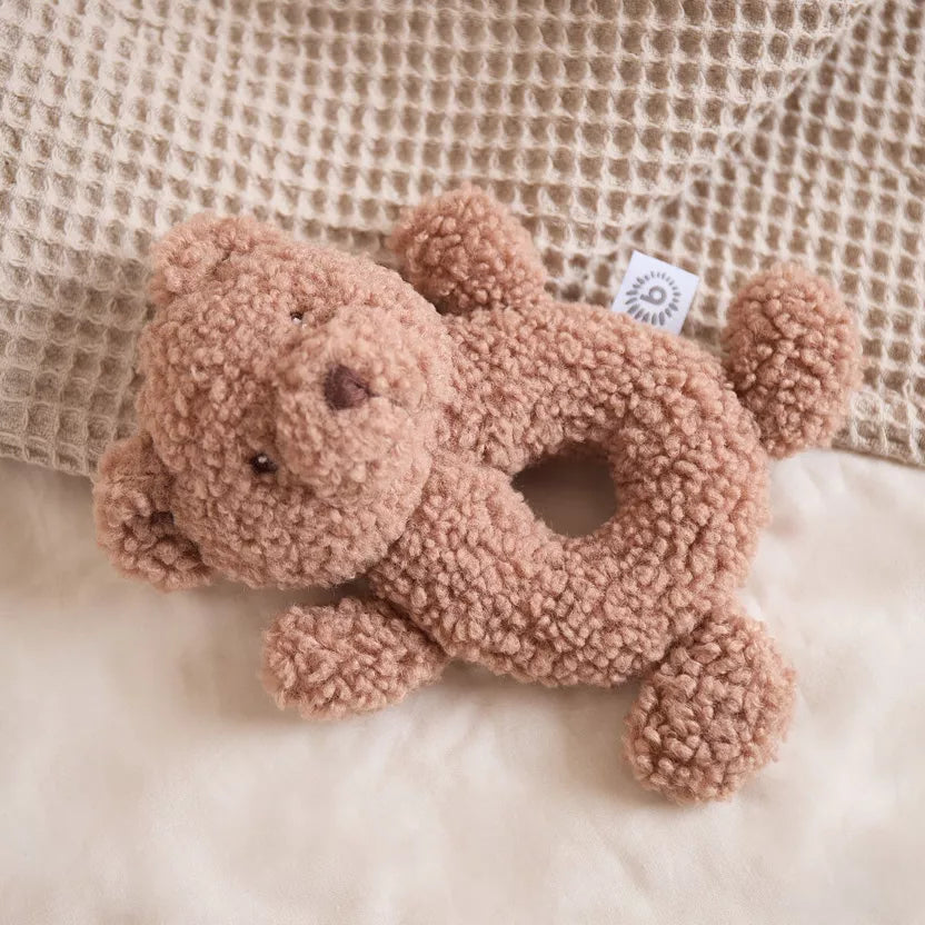 Barškutis meškiukas rudos spalvos su skylute pilvuke