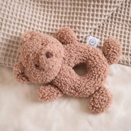 Barškutis meškiukas rudos spalvos su skylute pilvuke