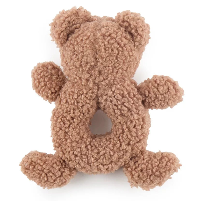 Barškutis meškiukas rudos spalvos su skylute pilvuke iš nugaros