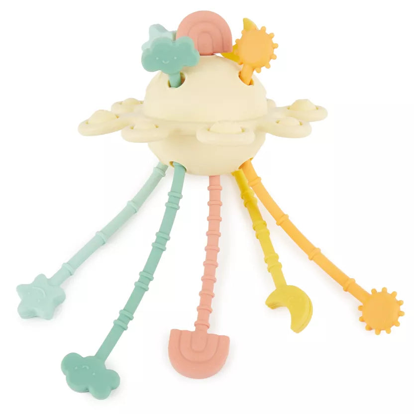 Montessori veiklos žaislas - silikoninė planeta, geltonos spalvos su tampomis spalvotomis dalimis