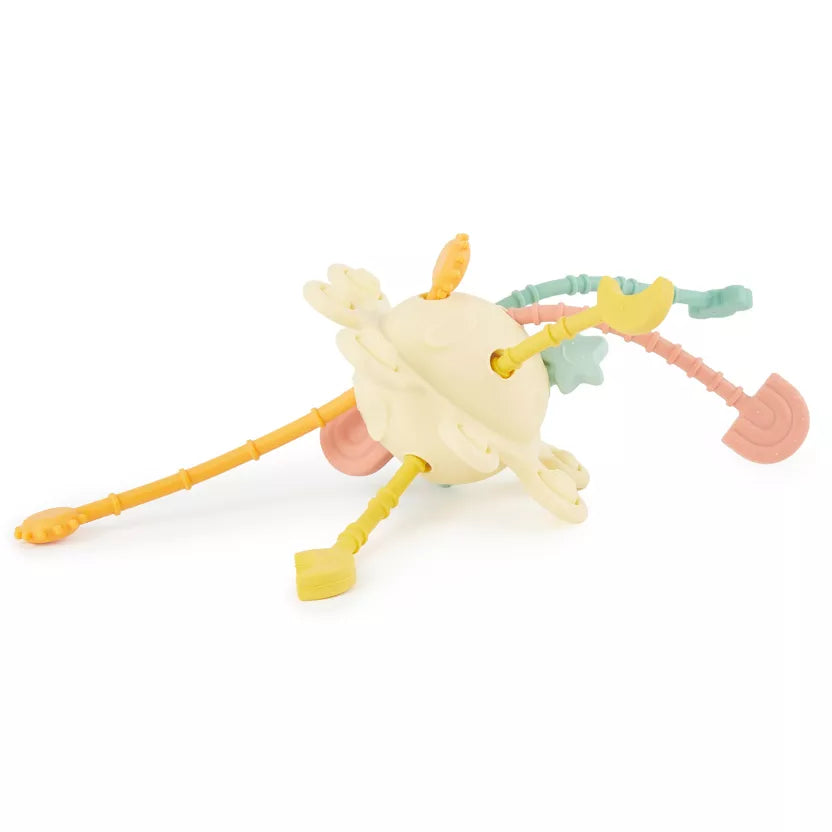 Montessori veiklos žaislas - silikoninė planeta, geltonos spalvos su tampomis spalvotomis dalimis