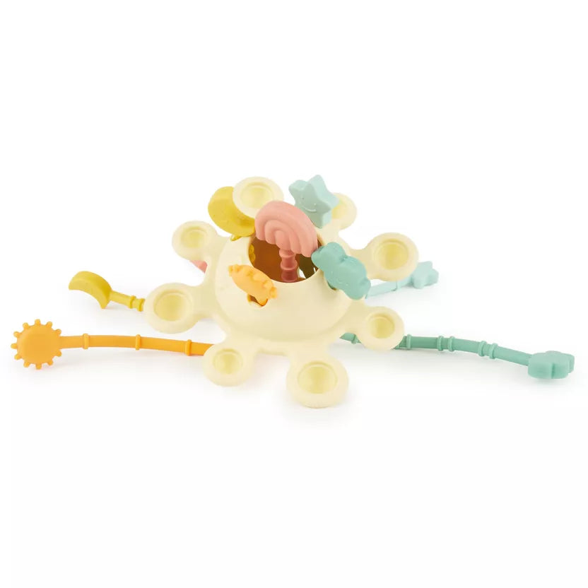 Montessori veiklos žaislas - silikoninė planeta, geltonos spalvos su tampomis spalvotomis dalimis