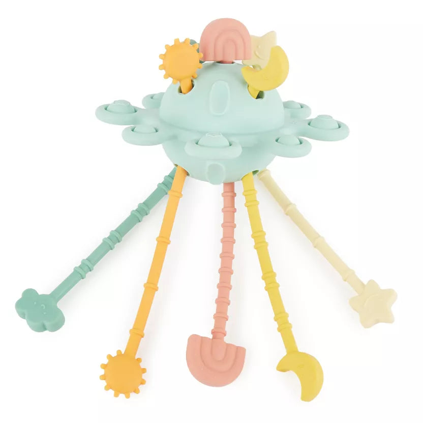 Montessori veiklos žaislas - silikoninė planeta, eukalipto spalvos su tampomis spalvotomis dalimis