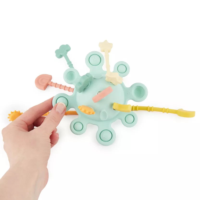 Montessori veiklos žaislas - silikoninė planeta, eukalipto spalvos su tampomis spalvotomis dalimis