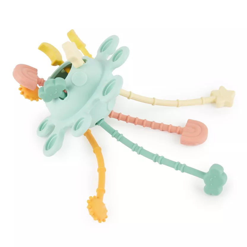 Montessori veiklos žaislas - silikoninė planeta, eukalipto spalvos su tampomis spalvotomis dalimis